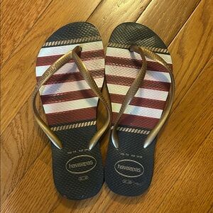 Havaianas Red, White, and blue Flip Flops with Gold Straps